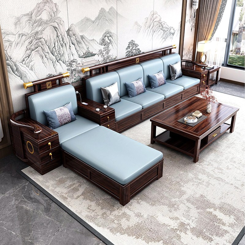 金丝胡桃木色沙发中式实木老人沙发组合冬夏两用客厅储物沙发