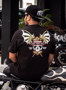 哈雷T恤RustyButcher生锈屠夫摩托DS改装美式骑行西海岸短袖蝙蝠