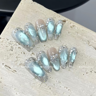 【赛里木湖】冰透蓝色晶石猫眼珍珠显白2025新款纯手工穿戴甲成品