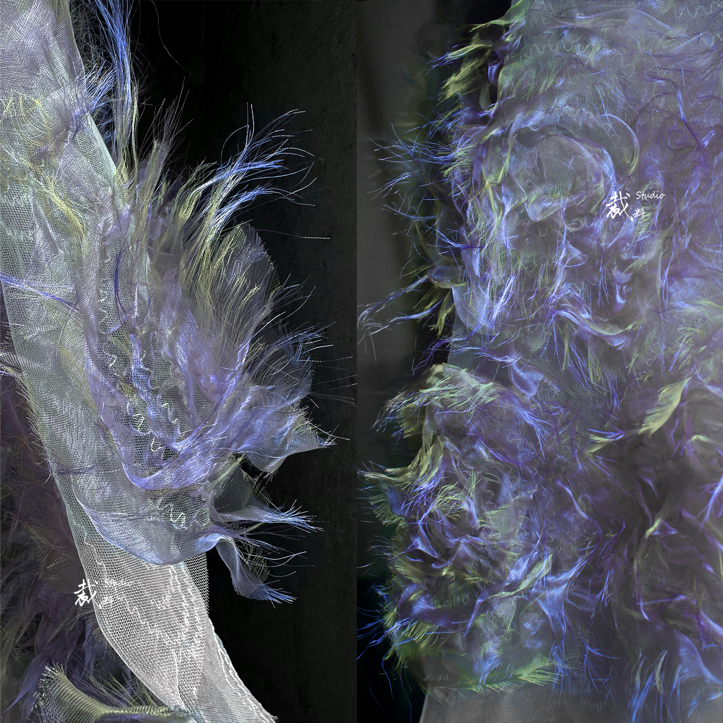 虚拟花卉 镭射渐变幻彩网纱光泽立体肌理面料改造服装设计师布料