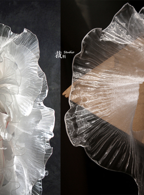 透明荷叶边波浪欧根纱白色大花边立体百褶黑婚纱礼服设计面料辅料