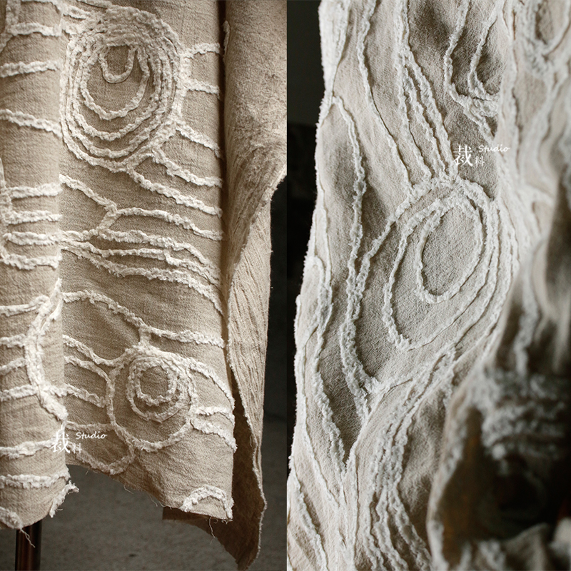 裁料纯棉麻刺绣米色立体肌理面料