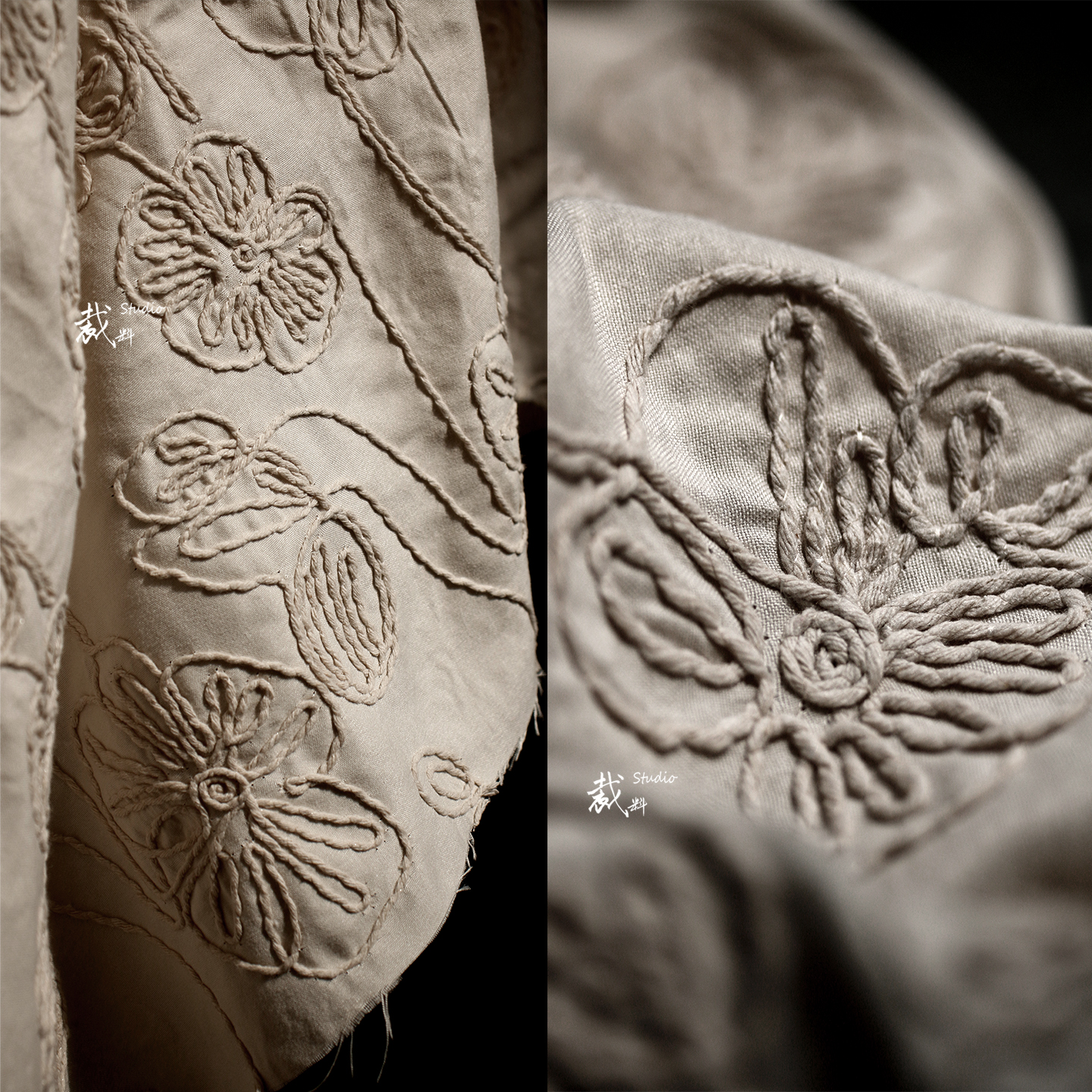 织浮影 立体花朵棉线刺绣肌理面料米杏色复古文艺服装设计师布料