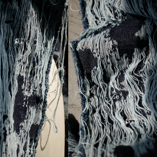 设计师布料 子服装 墟境重生 流苏做旧破烂磨毛牛仔面料改造外套裤