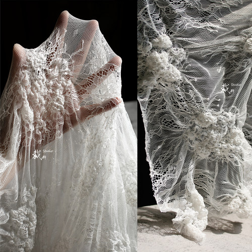 白蕾丝立体肌理勾花刺绣网纱面料