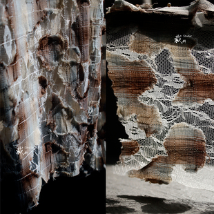 破格复古破烂做旧磨毛棉衬衫 设计师布料 格纹蕾丝面料改造手工服装