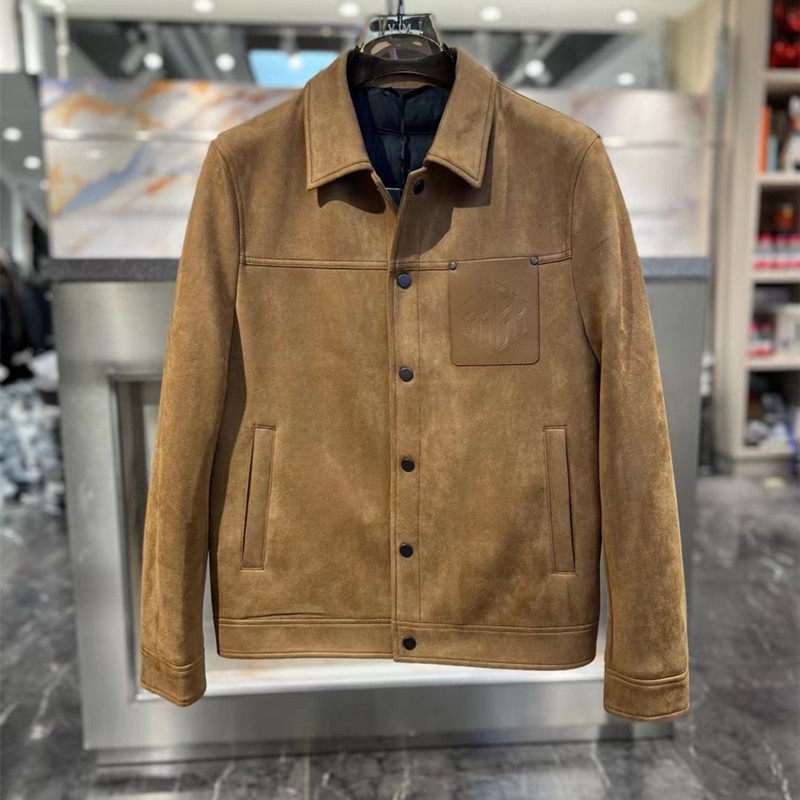 VJM潮牌欧货鹿皮绒羽绒服男2023冬季新品修身休闲白鸭绒真皮贴袋