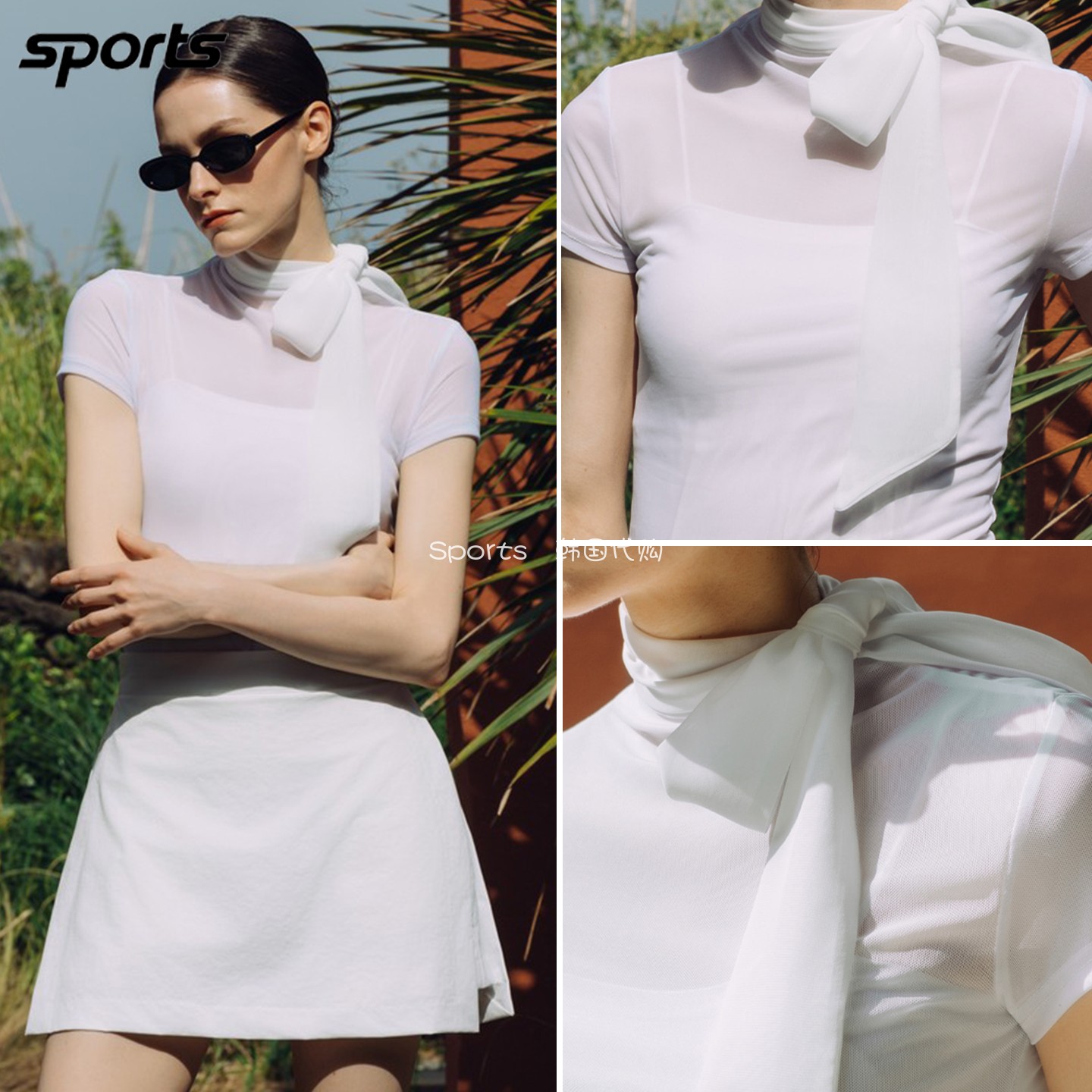 韩国代购ober golf高尔夫26夏淑女风蝴蝶结透纱弹力运动短袖T恤女
