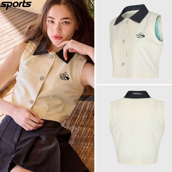 韩国代购Kandini高尔夫球服25春夏女子GOLF标志翻领配色短款背心