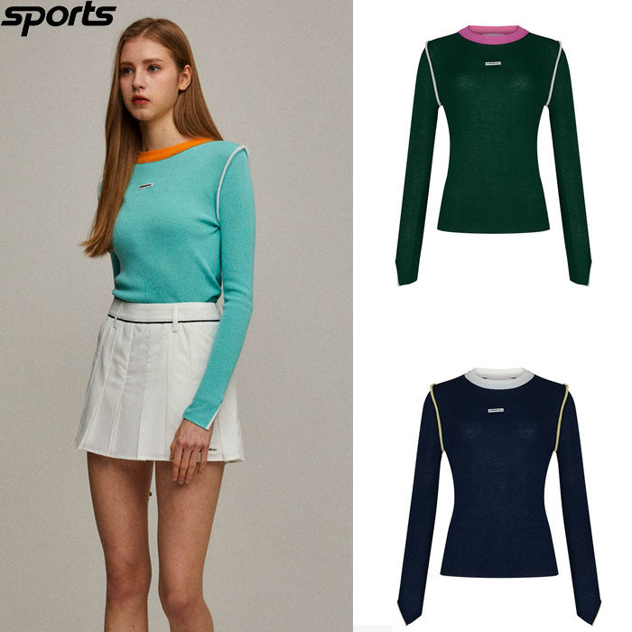 韩国代购Kandini高尔夫球服24春夏女子GOLF拼色圆领修身针织衫