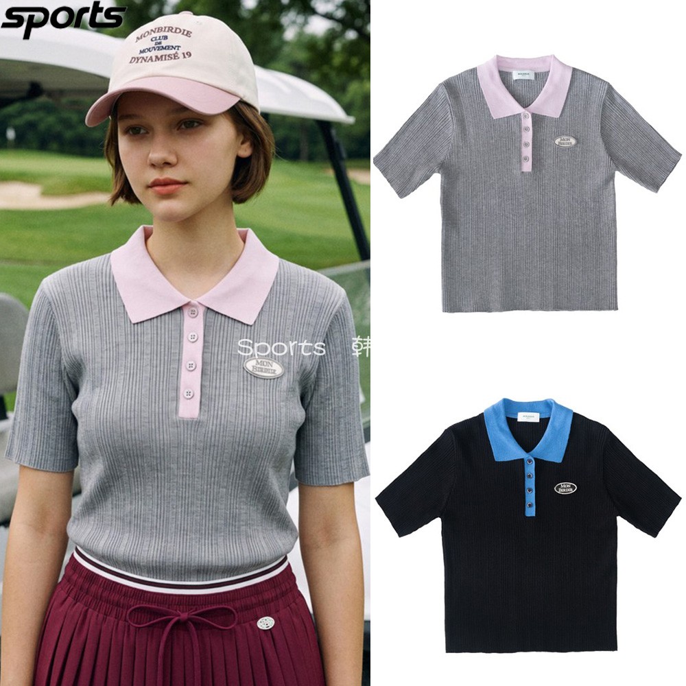 韩国代购monbirdie高尔夫26年户外翻领罗纹撞色运动短袖针织衫女