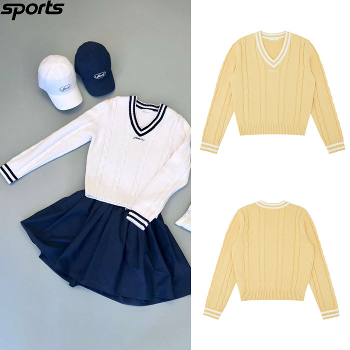 韩国代购Pivvee高尔夫球服25春夏女子GOLF标志配色针织V领套头衫