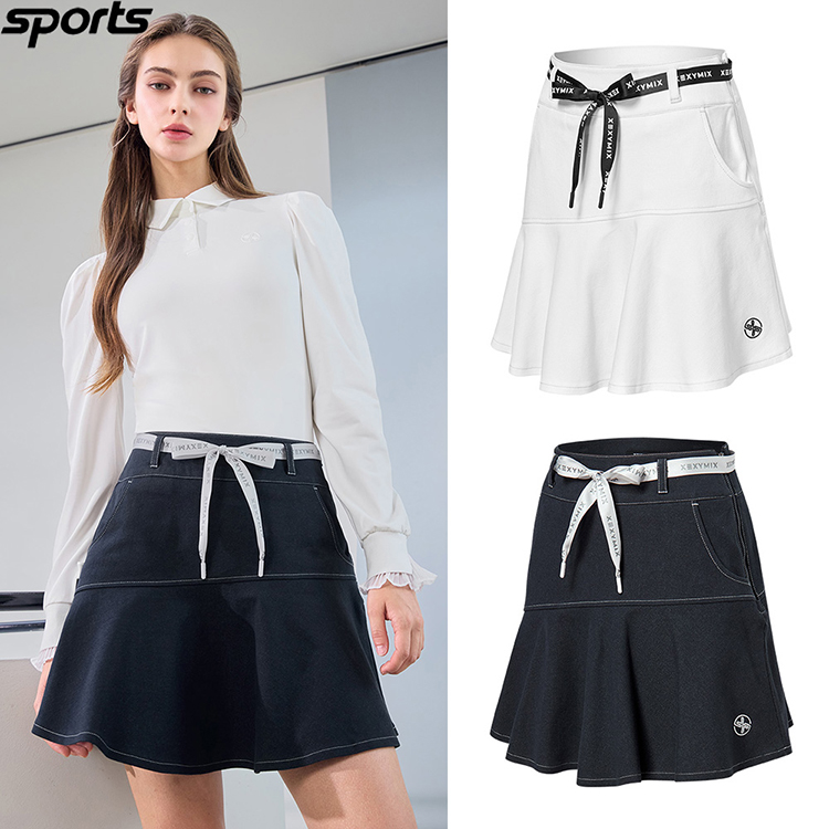 韩国代购xexymix高尔夫25冬少女风蝴蝶结牛仔运动喇叭裙短裙女式
