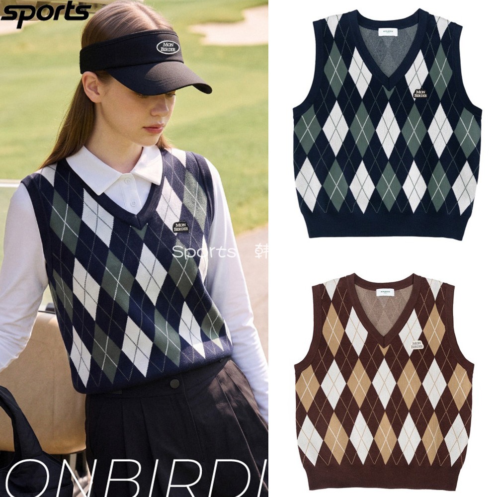 韩国代购monbirdie高尔夫26秋户外V领学院风菱格运动背心马甲女