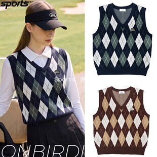 韩国代购monbirdie高尔夫26秋户外V领学院风菱格运动背心马甲女
