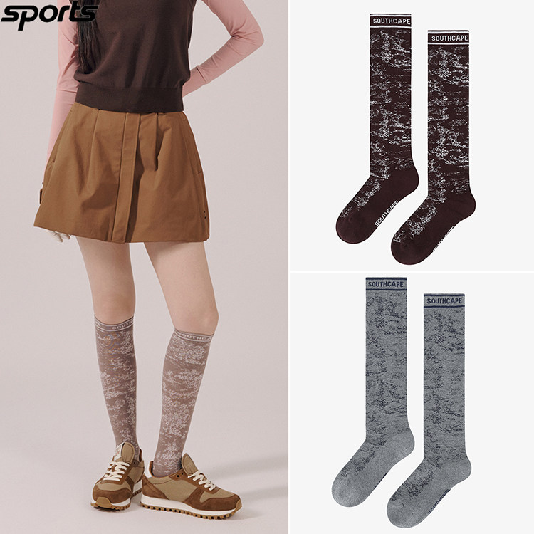 韩国代购southcape高尔夫25秋冬复古花纹纯棉运动户外中筒女球袜