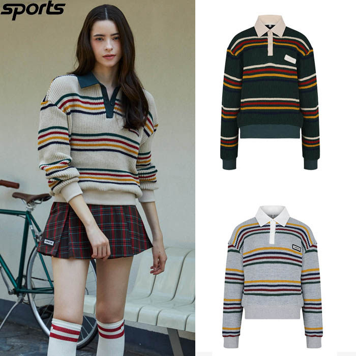 韩国代购Kandini高尔夫球服24秋冬女子GOLF条纹配色翻领针织衫