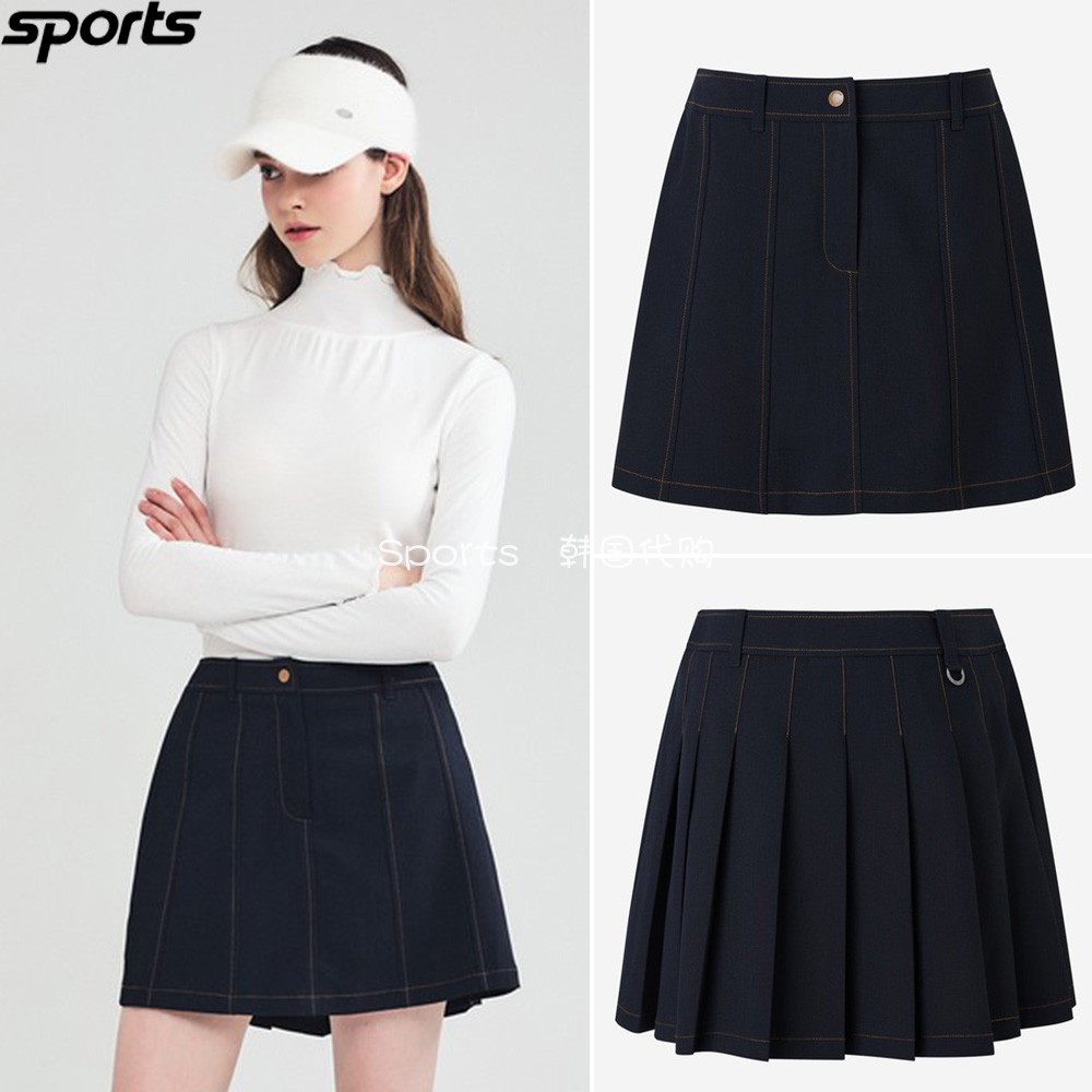 韩国代购lordloar高尔夫26秋冬户外A字牛仔裙后摆褶皱运动短裙女