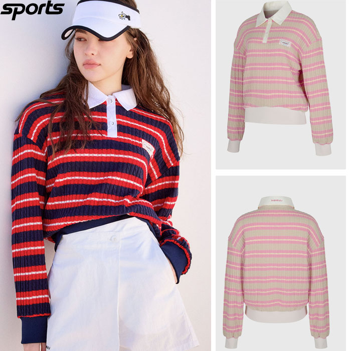 韩国代购Kandini高尔夫球服25春夏女GOLF条纹配色翻领针织套头衫