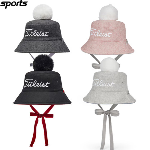 韩国代购titleist高尔夫25秋冬少女风毛球毛呢运动户外保暖女球帽