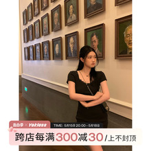 王少女的店黑色短袖蕾丝花边针织连衣裙2024春夏小个子显瘦短裙子