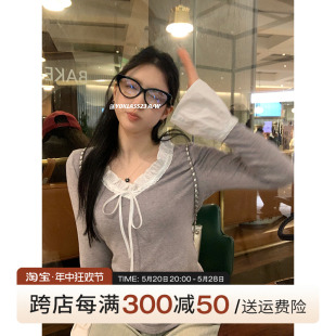 王少女 2024早春法式 蕾丝花边V领打底针织衫 店 别致内搭显瘦上衣