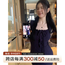 王少女的店藏蓝色绑带短袖连衣裙2024夏季法式气质方领包臀长裙子