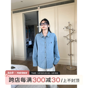 王少女 港风复古宽松开衫 2024年新款 店蓝色水洗牛仔衬衫 翻领外套