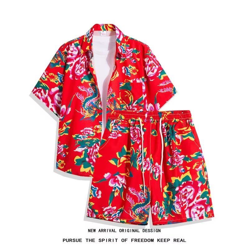 东北大花衬衫套装男士短袖情侣款夏季薄款红色表演碎花衣服一套装