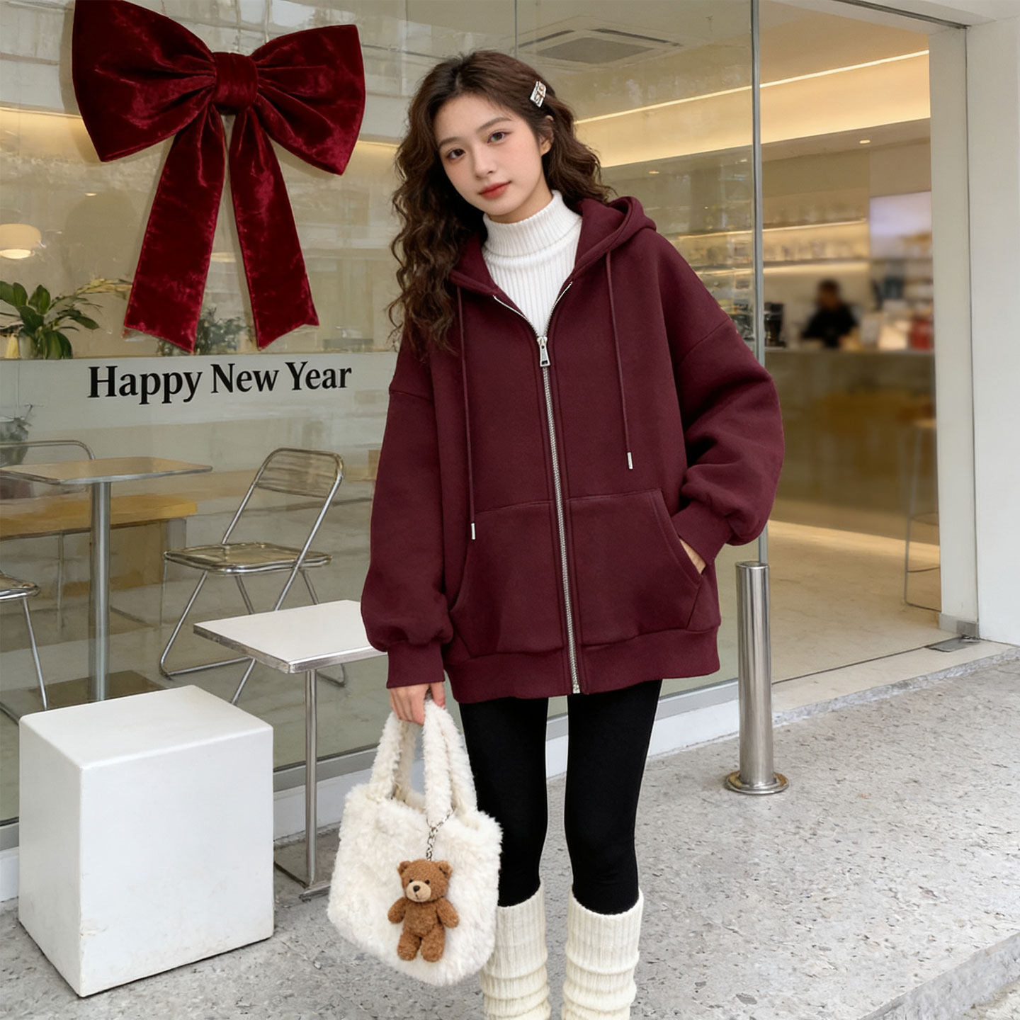 红色连帽卫衣女加绒2026新款秋冬薄款韩版宽松拉链开衫外套中长款