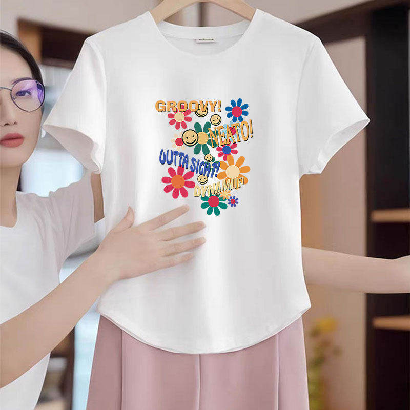 正肩白色字母印花T恤女短袖图片