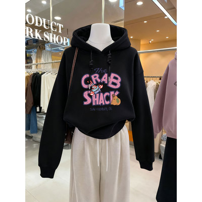 加绒宽松休闲短款连帽卫衣女印花