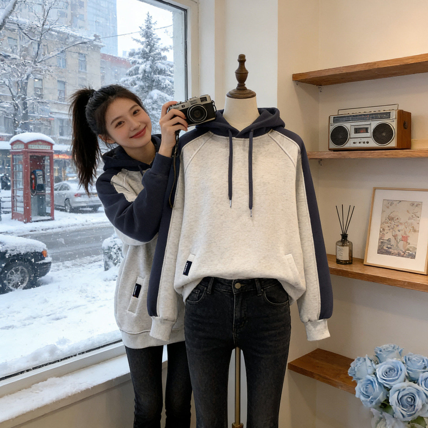 撞色连帽卫衣女加绒2025新款春秋冬季薄款韩版口袋宽松外套中长款