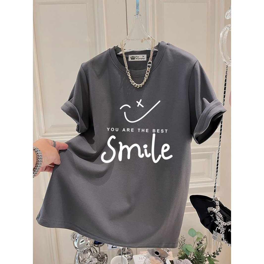 纯棉炭灰色笑脸smile短袖T恤女夏季新款欧货潮牌时尚百搭休闲上衣