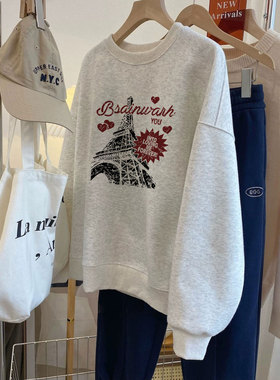 花灰色上衣2025新款春秋冬薄款铁塔小爱心宽松圆领套头卫衣女加绒