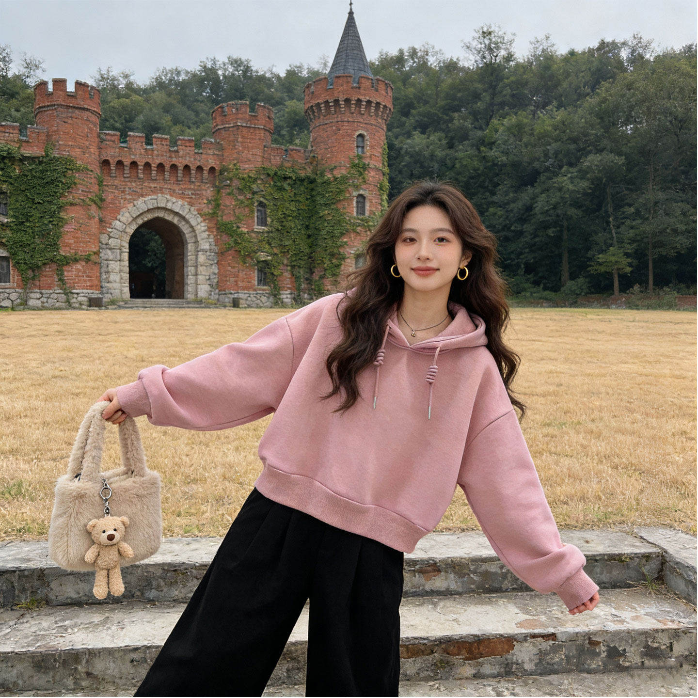 加绒宽松休闲短款连帽卫衣女印花
