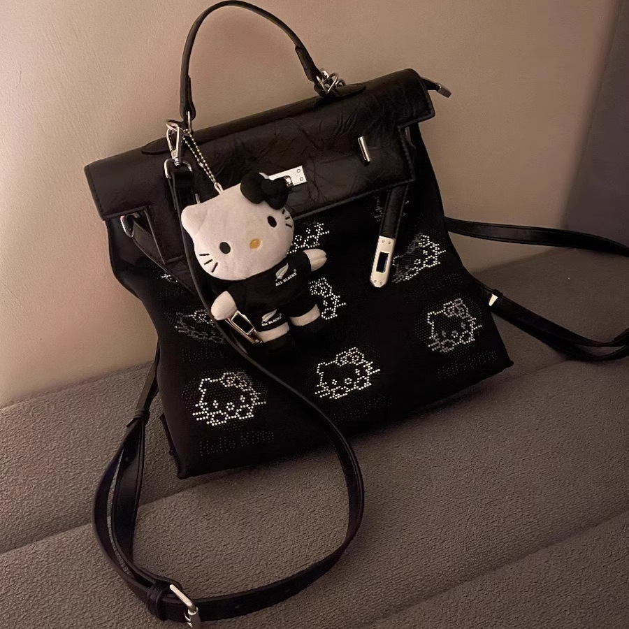 凯莉双肩包HelloKitty包包烫钻双肩包牛津布可斜挎背包黑色拼接女