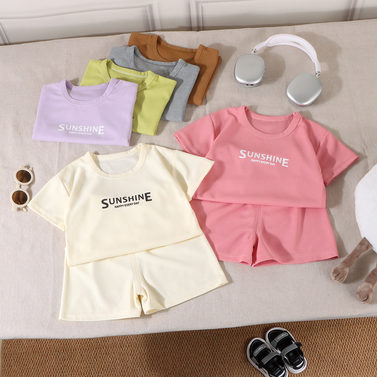 男女童夏季宽松休闲韩版印花字母运动套装儿童华夫格短袖短裤夏季