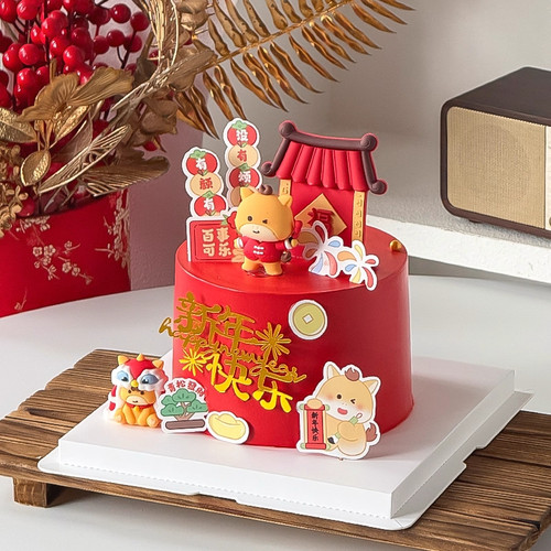 新年快乐2026舞狮跨年蛋糕装饰插牌马年软胶福门福字马宝宝摆件