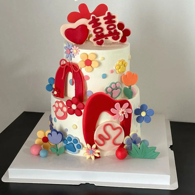 糖堡森林喜字红色双囍翻糖切模婚礼订婚结婚情侣订婚蛋糕装饰摆件