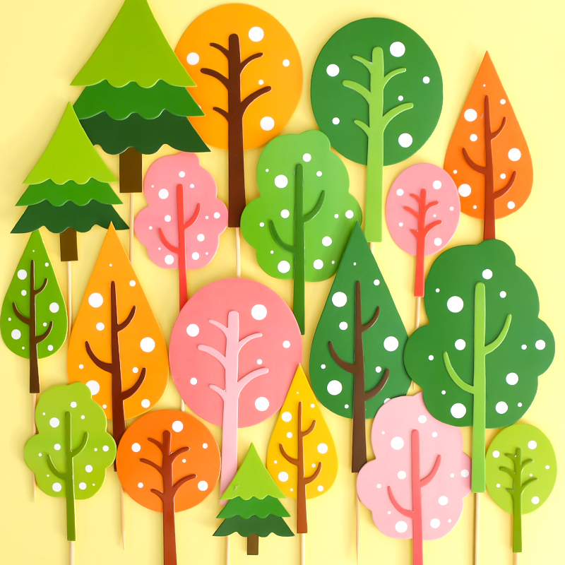 烘焙蛋糕新款粉蓝黄绿色波点松树枫树蛋糕生日甜品台派对装扮插旗