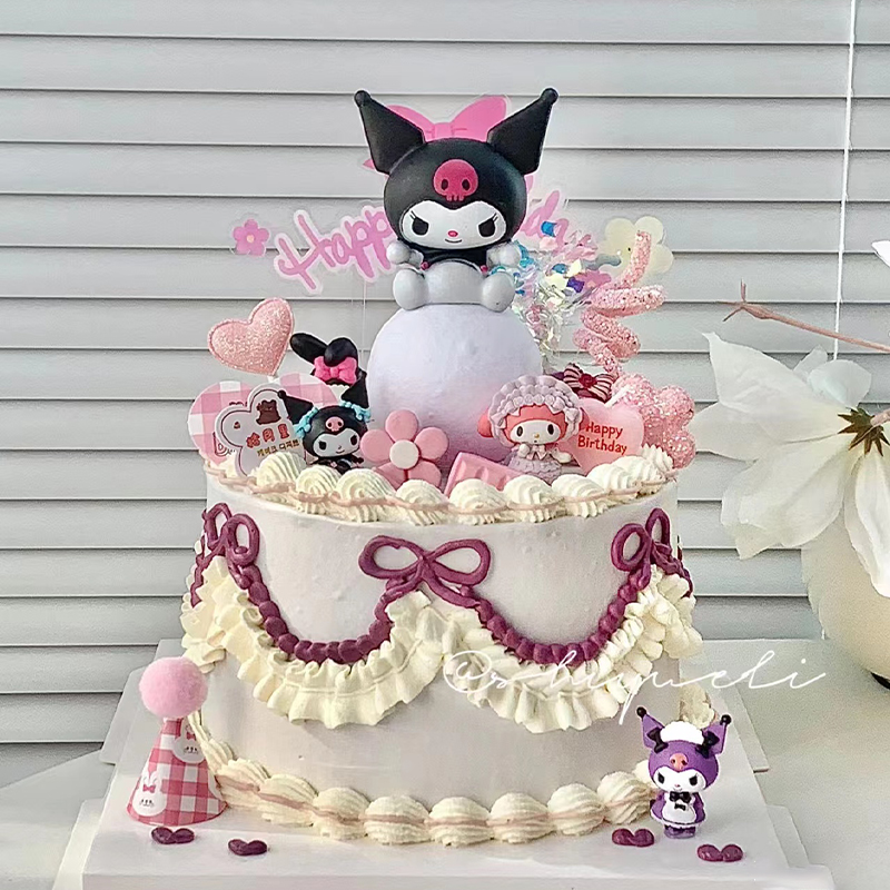 库洛米蛋糕装饰摆件三丽欧复古蛋糕装饰黑粉系带灯光生日蛋糕摆件