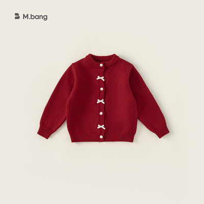 女童毛衣红色上衣秋季新款宝宝蝴蝶结圆领开衫软糯针织童装外套