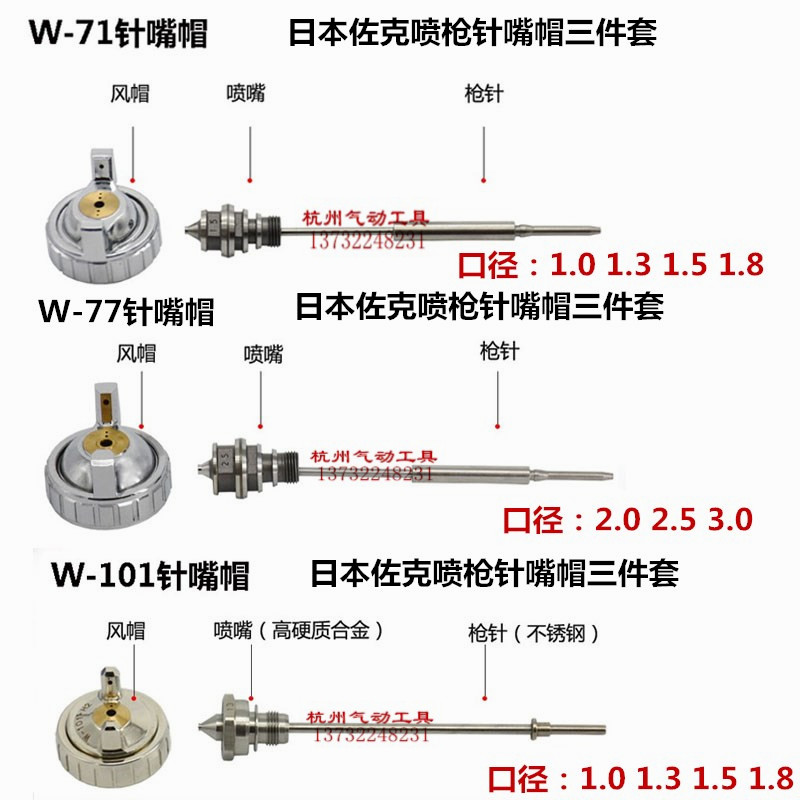 佐克喷枪W-71 77/W-101油漆喷漆枪原装配件 枪针 喷嘴 风帽 三件