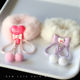 儿童双丸子头发饰宝宝毛毛发圈冬季毛茸茸可爱毛球蝴蝶结流苏头饰