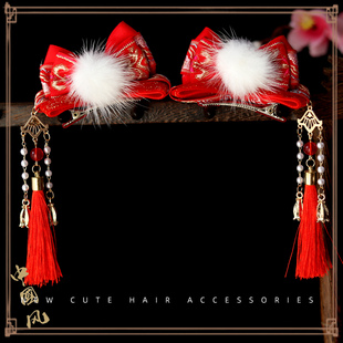 儿童过年古风红色毛球发夹女孩汉服新中式超仙流苏发饰古装配饰