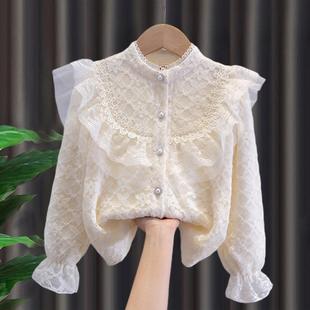 女童衬衫2025新款春秋小女孩秋冬外套儿童蕾丝花边加绒打底衫上衣