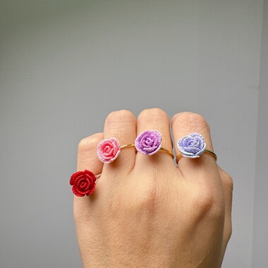 微钩玫瑰花戒指女新款甜美爱心戒指成品纯手工钩织80号蕾丝线钩织