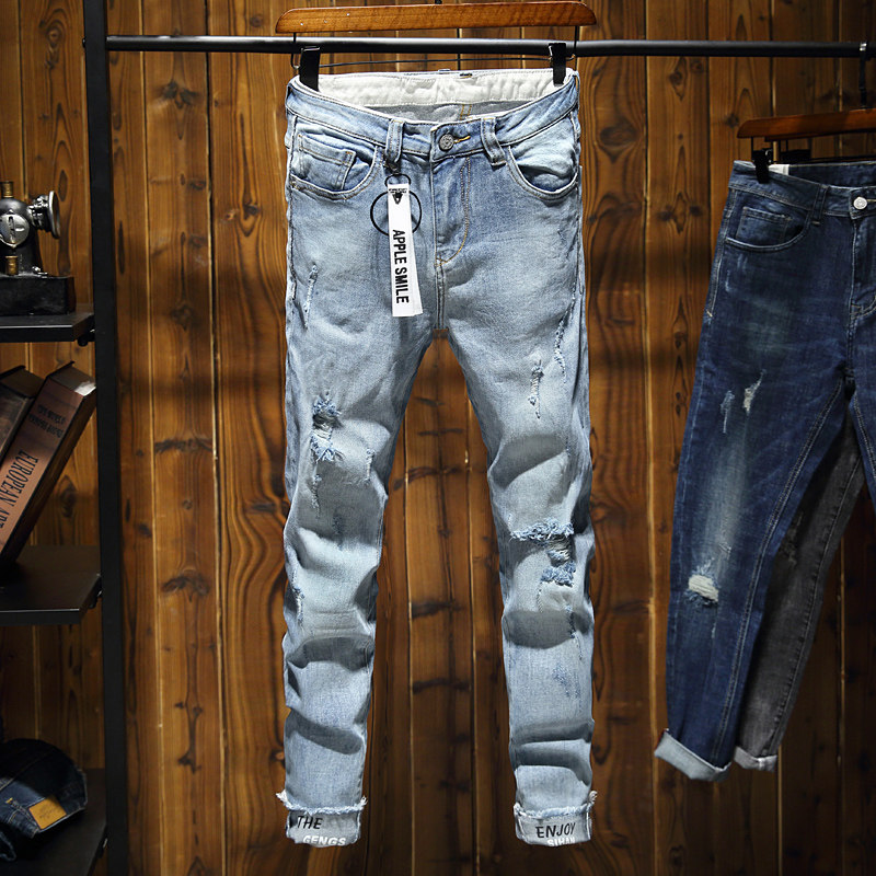 夏季浅色九分破洞牛仔裤男士修身小脚裤子韩版潮流青年弹力9分裤