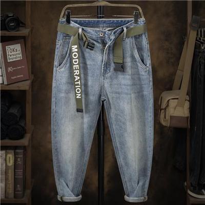 浅色微锥牛仔裤男款春夏中厚款水洗白简约风宽松百搭纯棉哈伦裤潮